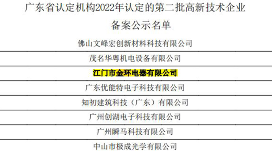 好消息！金環(huán)電器再次通過國家級“高新技術企業(yè)”認定